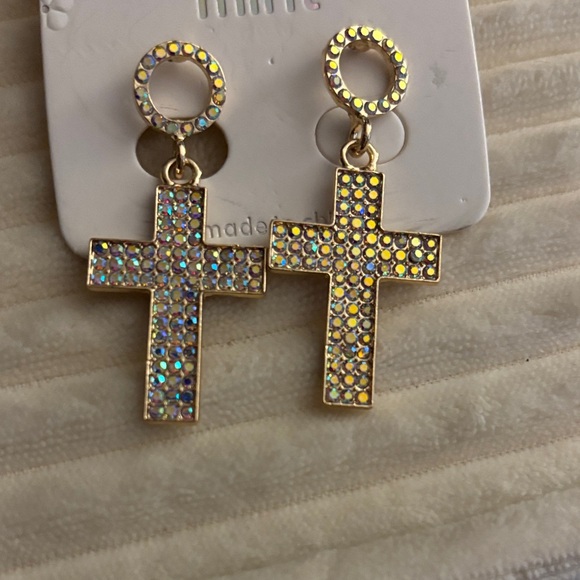 Jewelry - Gold Cross Drop Earrings with Iridescent Crystals